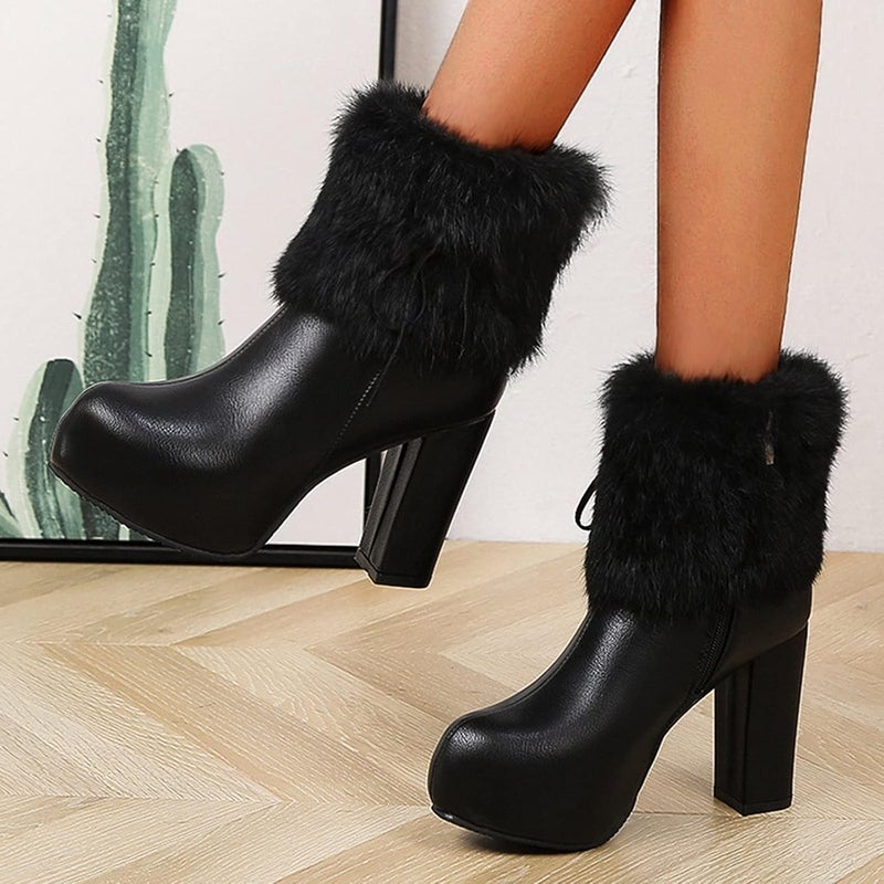 woobles Winter Boot for Women,Women Round Toe Platform Booties Ladies Cute Chunky High Heel Snow Ankle Boot Wedge Zipper Slip On Boot Causal Walking Dress Shoe, Black-2, 11 - Image 5